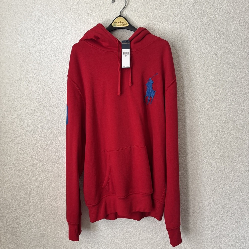 Polo Ralph Lauren Big Pony Hoodie Pullover Red Men's Size L Long Sleeve Logo - Picture 1 of 13